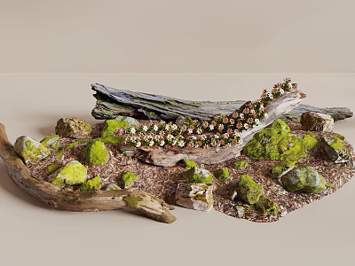 Natural Decor Scene With Driftwood Moss Pebbles And Green Gold Beaded Garland 3d model
