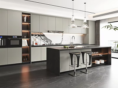 Modern Kitchen Interior Design With Gray Cabinets Black Island Counter And Pendant Lights Bar Stools 3d model