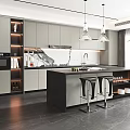 Modern Kitchen Interior Design With Gray Cabinets Black Island Counter And Pendant Lights Bar Stools