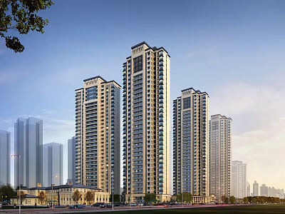 Modern High Rise Residential Buildings Exterior With Glass Windows And Urban Skyline 3d model
