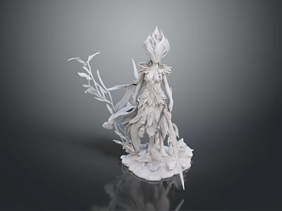 White Woman Sculpture With Flowing Attire Plant Elements And Sword 3d model