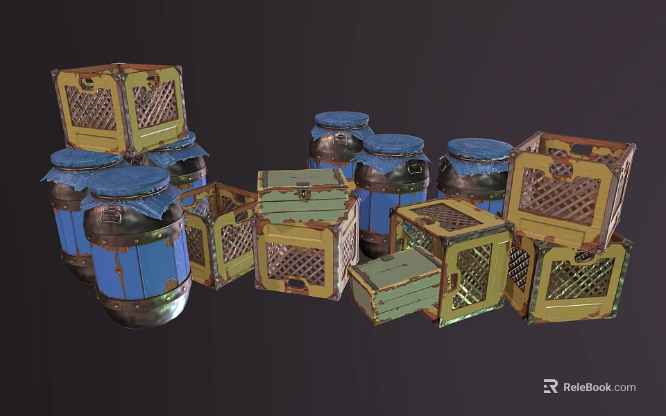Vintage Wooden Boxes and Metal Jars in Yellow and Blue Colors Stacked Together 3d model 