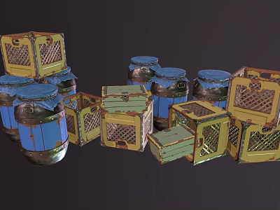 Vintage Wooden Boxes and Metal Jars in Yellow and Blue Colors Stacked Together 3d model