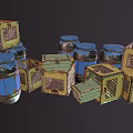 Vintage Wooden Boxes and Metal Jars in Yellow and Blue Colors Stacked Together