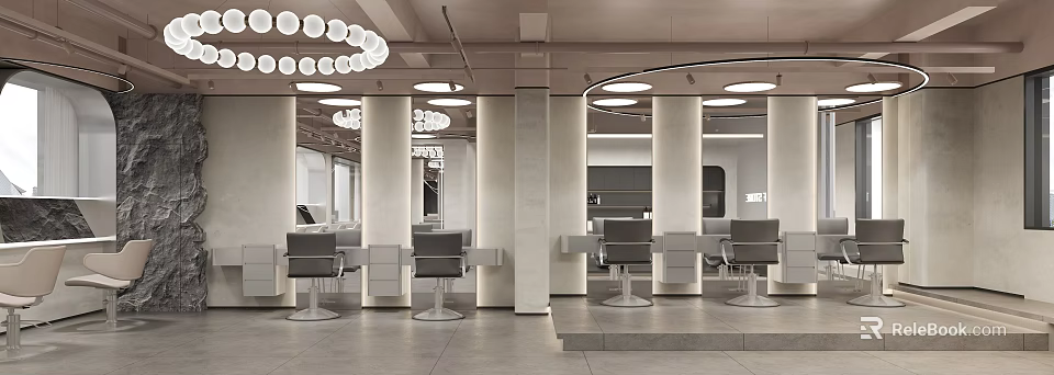 Modern Beauty Hair Salon Interior With Open Space Styling Chairs Mirrors And Pendant Lights 3d model 