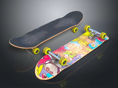 Two Skateboards With Black Deck And Colorful Graphic Design Yellow Wheels 3d model