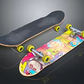 Two Skateboards With Black Deck And Colorful Graphic Design Yellow Wheels