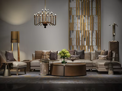 Luxury Modern Sofa With Pillows And Round Coffee Table With Chandelier Floor Lamp Decorative Grille 3d model