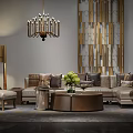 Luxury Modern Sofa With Pillows And Round Coffee Table With Chandelier Floor Lamp Decorative Grille