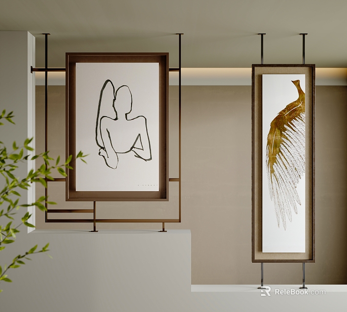 Modern Interior Decor With Framed Abstract Paintings Featuring Black White Lines And Golden Feather Design 3d model 
