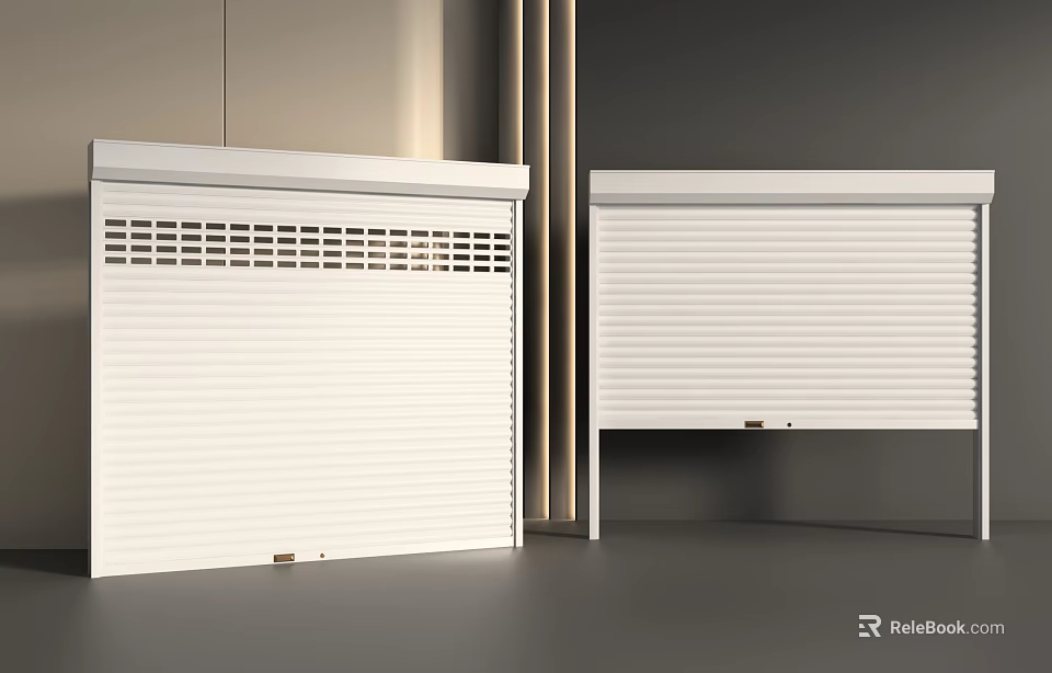 Two White Roller Shutters With Ventilation Grille And Metal Strips In Grey Interior 3d model 