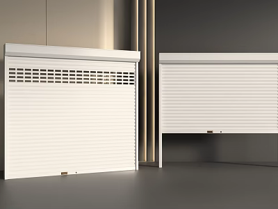 Two White Roller Shutters With Ventilation Grille And Metal Strips In Grey Interior 3d model