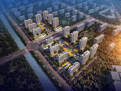 Aerial Urban Planning Featuring Residential High Rise Buildings River Roads and Green Spaces 3d model