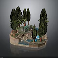 Miniature Garden Scene Featuring Tall Trees Small Pavilion Stream Stones And Plants