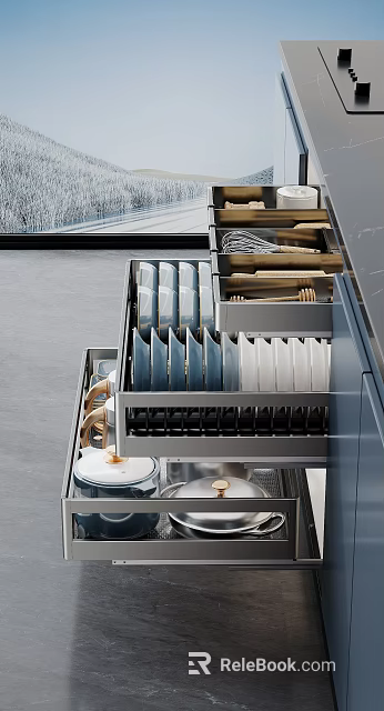 Modern Kitchen Cabinets with Organized Drawers Storing Dishes Bowls and Wooden Utensils 3d model 