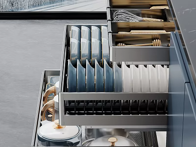 Modern Kitchen Cabinets with Organized Drawers Storing Dishes Bowls and Wooden Utensils 3d model