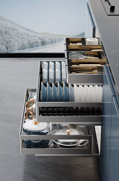 Modern Kitchen Cabinets with Organized Drawers Storing Dishes Bowls and Wooden Utensils 3d model