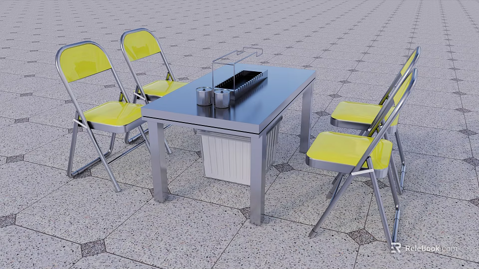 Practical Black Outdoor Dining Table Set With Yellow Folding Chairs And Metal Rack 3d model 