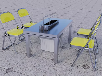 Practical Black Outdoor Dining Table Set With Yellow Folding Chairs And Metal Rack 3d model
