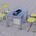 Practical Black Outdoor Dining Table Set With Yellow Folding Chairs And Metal Rack