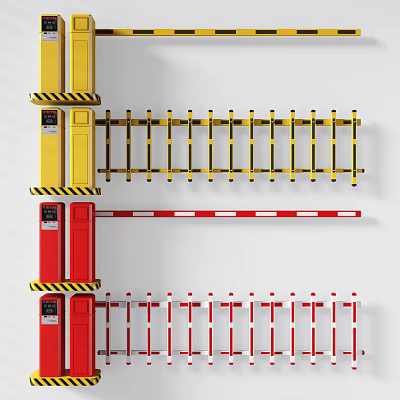 Yellow And Red Parking Barrier Gates With Striped Crossbars For Public Access Control 3d model