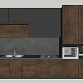 Modern Kitchen With Dark And Wooden Cabinets Countertop Sink Stove And Microwave