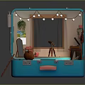 Open Blue Suitcase With Miniature Room Interior Featuring Bed Mirror And Small Furniture
