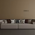 Modern Beige Sectional Sofa With Multiple Colored Cushions Against Neutral Wall And Gray Floor 3d model