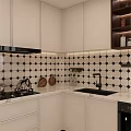 Sleek Modern Kitchen Interior With White Cabinets Black And White Tile Backsplash Oven And Countertop
