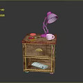 Wooden Nightstand With Blue Table Lamp White Cup Drawer And Magazine