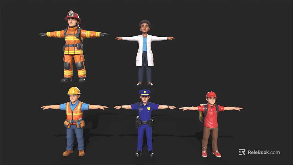 Diverse Game and Movie Characters Featuring Firefighter Doctor Construction Worker Police Officer and Student 3d model 
