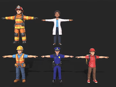 Diverse Game and Movie Characters Featuring Firefighter Doctor Construction Worker Police Officer and Student 3d model