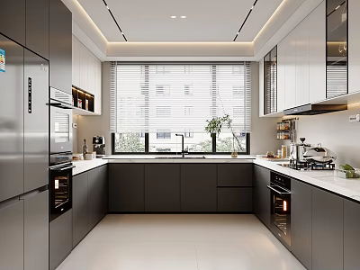 Modern Kitchen Interior With Sleek Grey Cabinets White Countertops And Window Blinds 3d model