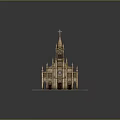 Cartoon Church Scene Featuring Spire Arched Windows Brown Roof And Stone Structure