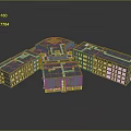 3D Architectural Building Complex Model with Grey Roof Windows and Orange Base Entrance