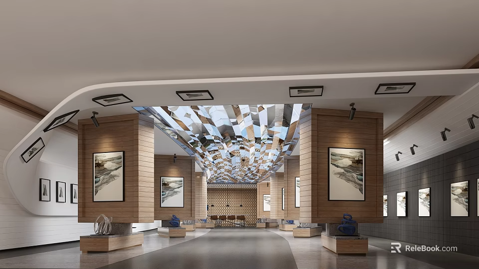 Modern Lobby Interior With Wooden Walls Large Paintings And Unique Ceiling Design 3d model 