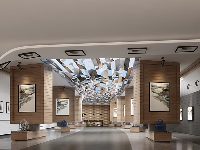 Modern Lobby Interior With Wooden Walls Large Paintings And Unique Ceiling Design 3d model
