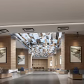 Modern Lobby Interior With Wooden Walls Large Paintings And Unique Ceiling Design