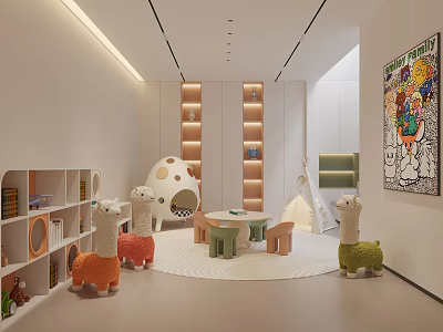 Modern Playroom Interior With Llama Toys Round Table Small Stools And Colorful Painting 3d model