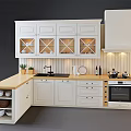 White Kitchen Cabinets With Glass Door Upper Units Light Wood Countertop And Oven