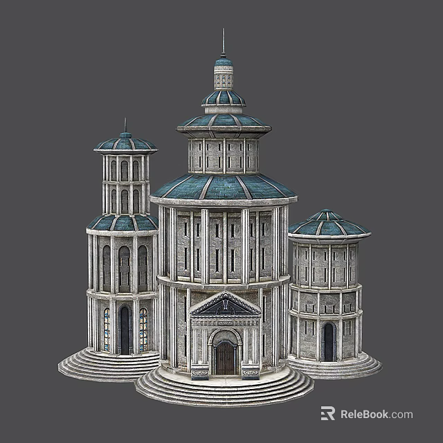 Cartoon Style Architecture With Multiple Blue Domes White Towers And Ornate Columns 3d model 
