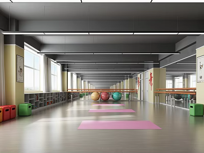 Spacious Gym Interior With Pink Yoga Mats Colorful Exercise Balls Bar Rails And Windows 3d model