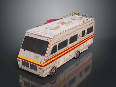 Vintage Worn Bus With Red Yellow Stripes Roof Rack Windows And Reflection On Ground 3d model