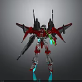 Red Robot Model With Mechanical Wings Weapon Silver Green And Blue Glowing Accents