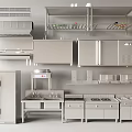 Various Kitchen Utensils Including Cabinets Refrigerator Stove Sink And Shelves