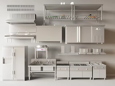 Various Kitchen Utensils Including Cabinets Refrigerator Stove Sink And Shelves 3d model