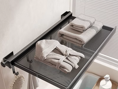 Black Mesh Wall Mounted Bathroom Shelf with Folded Towels and Robe 3d model