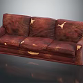 Vintage Reddish Brown Leather Three Seater Sofa With Ornate Gold Accents And Unique Texture