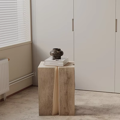 Wooden Side Table With Vase And Books In Modern Interior Near White Cabinets 3d model