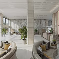 Elegant Modern Reception Desk Area With Marble Columns Decorative Backdrop Wall Green Plants And Bright Lighting